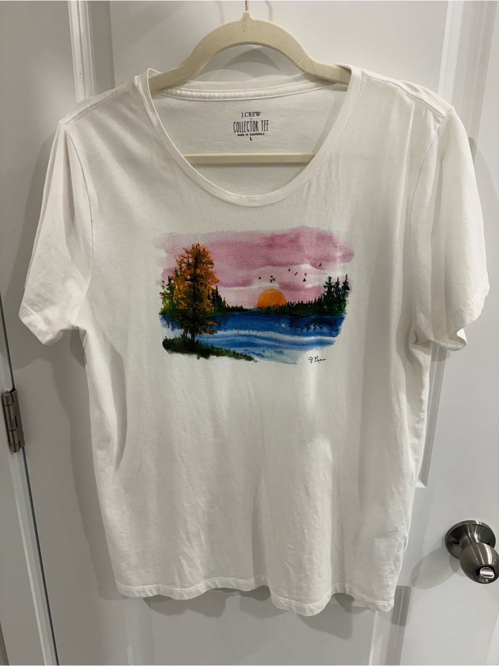 J. Crew Factory Collector Tee Watercolor Lake Sunset Graphic T-Shirt White L